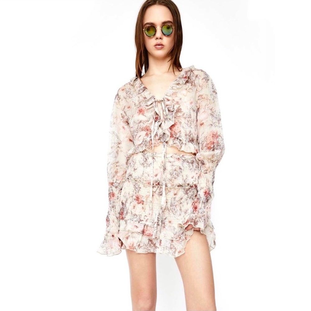 NEW SNDYS. FLORAL PRINT CHIFFON TOP & SMOCKED SKIRT SET